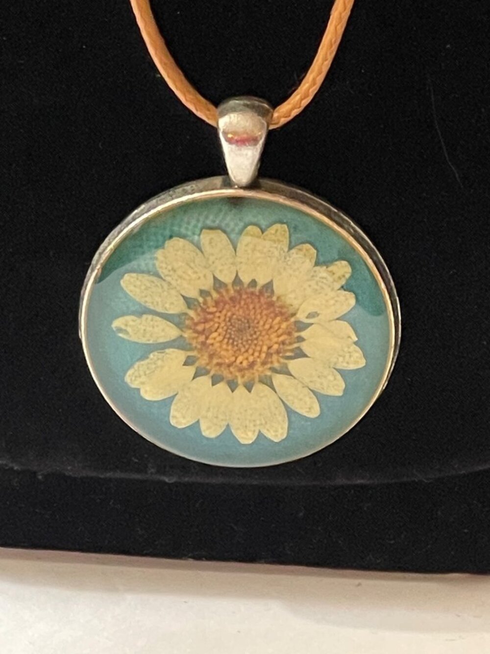 Pressed White Daisy Flower Pendant Brown Wax Cording Necklace April Birth Flower